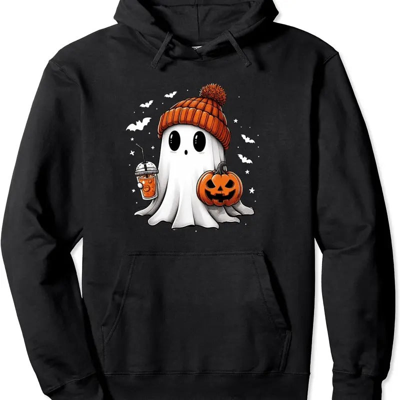 Cute Ghost Drinking Coffee Halloween Hoodie | Unisex Hooded Sweatshirt