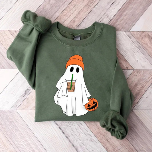 Cute Ghost Drinking Coffee Sweatshirt, Ghost Ice Coffee Shirt, Ghost Halloween Shirt, Spooky Season, Fall Coffee Lover Shirt, Halloween Party Shirt, Autumn Fall Graphic Shirt