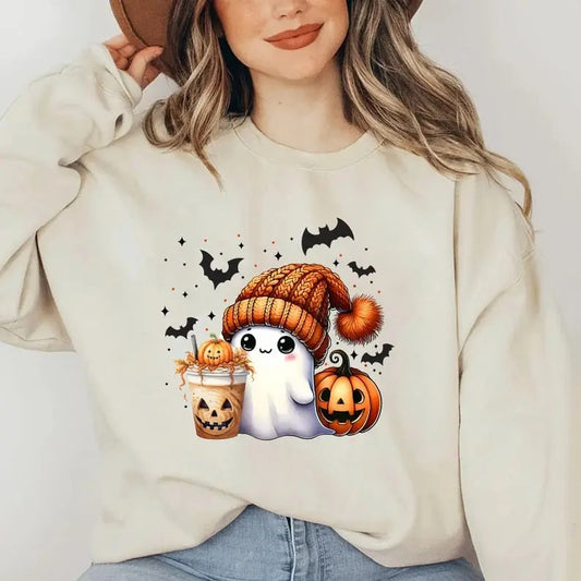 Cute Ghost Halloween Shirt, Halloween Ghost Sweater, Cute Pumpkin Coffee Ghost Shirt, Womens Halloween Shirt, Spooky Season Shirt