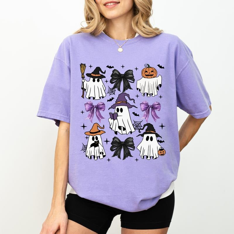 Cute Halloween Ghost Comfort Colors Shirt, Coquette Bows Halloween Graphic Tee, Black Bow Unhinged Shirt, Funny T-shirt For Women, Spooky Vibes Tee, Spooky Season Shirt, Comfy Fabric Graphic Tee, Womenswear, Cotton Fabric Relaxed Fit Chic Style
