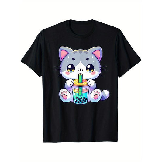 Cute Kawaii Bubble Tea Cat Japanese Kitten Anime T-Shirt Selected pure cotton interesting design DIY short sleeve t-shirt for men, soft and breathable, suitable for all seasons, comfortable, casual and sports, Halloween and Christmas gifts  made in usa