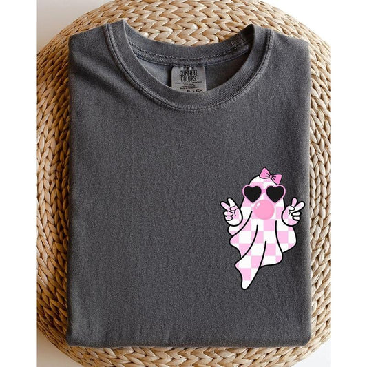 Cute Pink Bubblegum Ghost, Pocket print, Halloween, Peace, Bow,  Ribbon Shirt, Women's, Comfort Colors Tee, Spooky, Tshirt, Witch, Pumpkin, Ghost, Skeleton