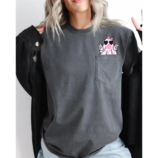 Cute Pink Bubblegum Ghost, Pocket, Halloween, Peace, Bow,  Ribbon Tee, Women's Comfort Color Tee, Tshirt