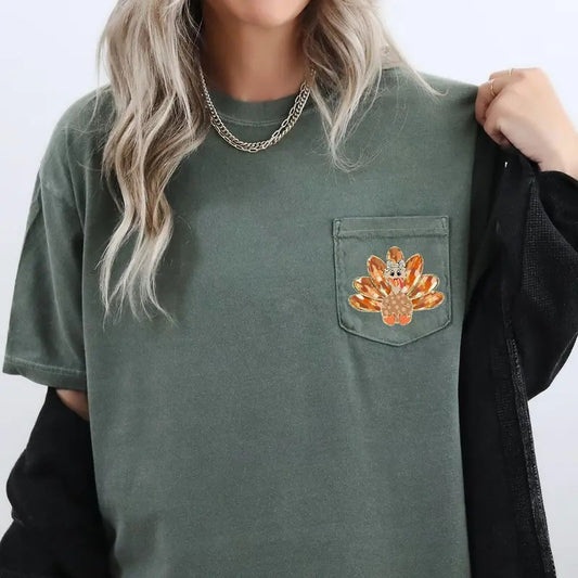 Cute Thanksgiving Turkey, Pocket Tee, Women's Comfort Colors Tee