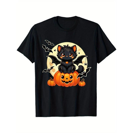 Cute black cat bat wings Pumpkin Ladies Men Halloween T-shirt, classic made in usa