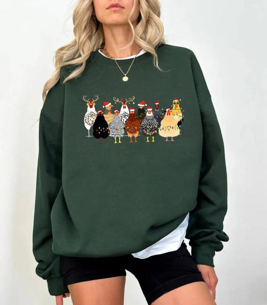 СUte Christmas Chickens Sweatshirt, Christmas Farm Animals Sweater, Xmas Chicken Tee, Christmas Holiday Gift, Unisex Long Sleeve Crewneck Shirt