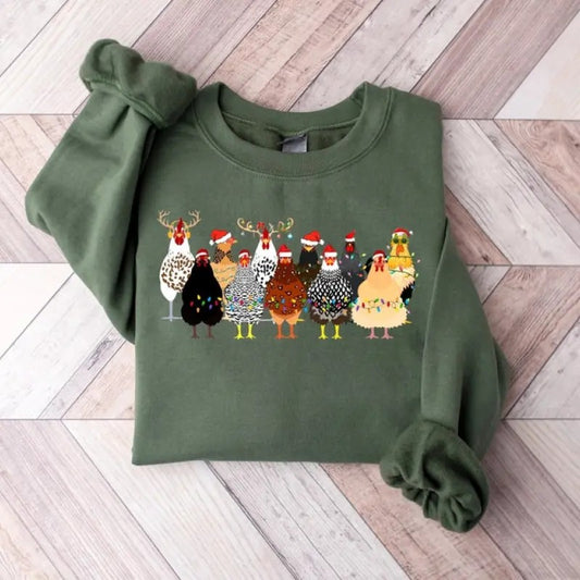 Сute Christmas Chickens Sweatshirt, Christmas Farm Animals Sweatshirt, Womens Christmas Chicken Sweatshirt,Christmas Holiday Sweatshirt Gift