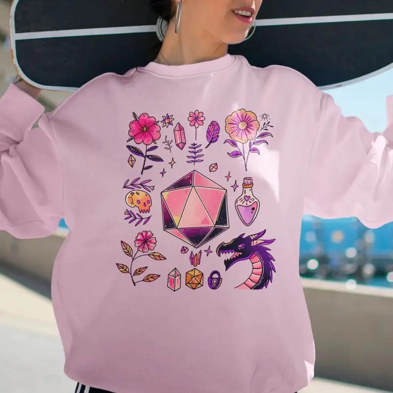 DND dice sweatshirt, DnD sweatshirt, dungeon master RPG apparel, tabletop nerdy TTRPG hoodie, Role playing girly woman Dnd pink sweater