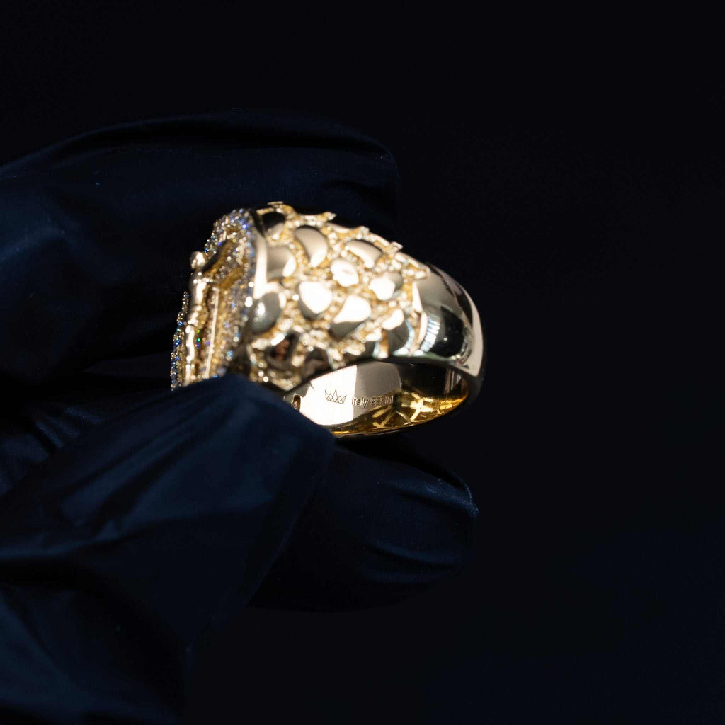 Jesus Crucifix Cross Moissanite Nugget Ring 14K Gold Over Solid 925 Sterling Silver