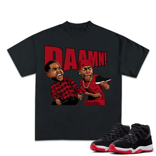 Daaaamn Match 11s Bred Velvet Sneakers Outfits, Menswear Essentials, Cotton T-shirt with Graphic Tee, Y2K Streetwear, Hip Hop Vibes