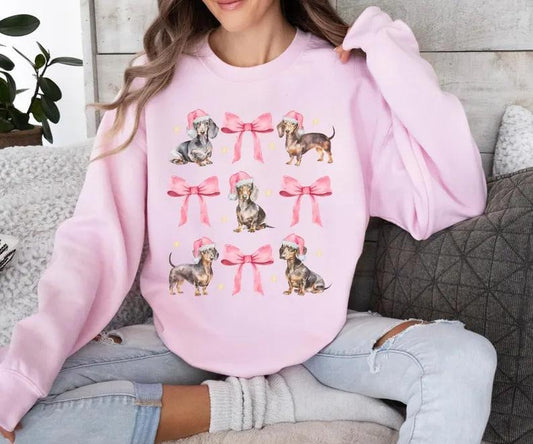 Dachshund Christmas Sweatshirt, Dog Mom Gifts, Holiday Sweater, Dachshund Mom Crewneck, Pink Bows Sweatshirt, Coquette Christmas Sweater