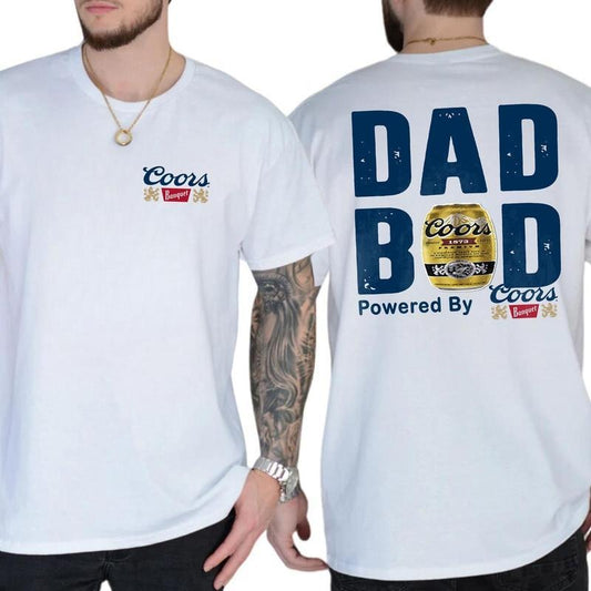 Dad Bod Powered By Coors Banquet Original 2 Sided T-Shirt - Sweatshirt - Hoodie, Drinking Graphic Tee, Beer Summer Drinks Shirt, Funny Drinking Tee for Daddy, Casual Cotton Top, Classic Men's Graphic Tees