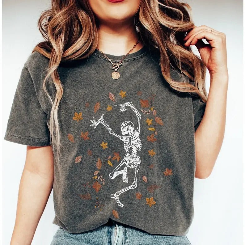 Dancing Skeleton Shirt, Halloween  tee, Halloween T-shirt, Fall comfort colors shirt, skeleton leaves t-shirt Cotton Crewneck Shortsleeve Unisex