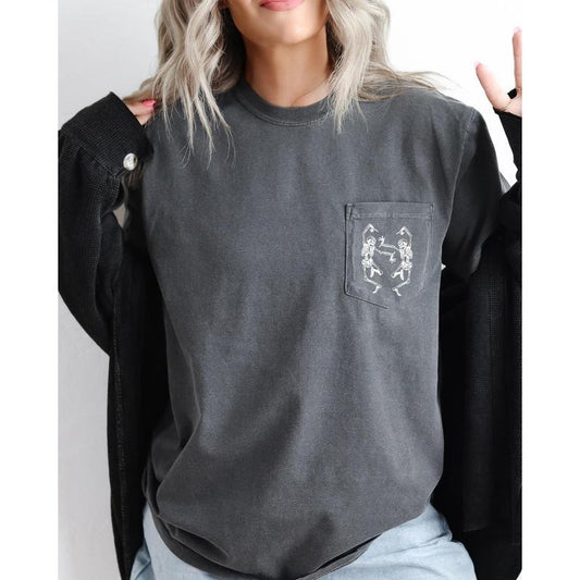 Dancing Skeletons, Halloween Pocket Tee, Women's, Comfort Colors Tee, Spooky, Tshirt, Witch, Pumpkin, Ghost, Skeleton