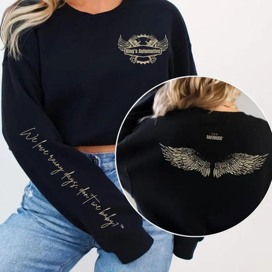 Dark Romance 3-Sided Sweatshirt, King Automotive Logo, Wing Tattoo, Rainy Days Quote, Cozy Bookish