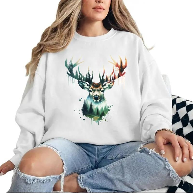 Deer Forest Landscape Sweatshirt Deer Head T-shirt Forest Animal Trendy T-Shirt Hoodie Unisex Cotton Womenswear