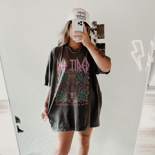 Def Tired Pink Shirt, Leopard Graphic Tee, Leopard Print Shirt, Coffee Shirt, Mom Life Shirt