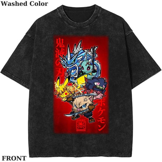 Demon Slayer X Pokémon Graphic T-Shirt, Pokemon T-Shirt, PKM Shirt, Anime Funny Shirt, Vintage Tee Streetwear Shortsleeve Printed Womenswear Top