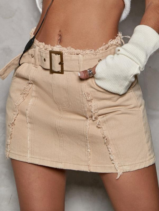 Denim Skirt Frayed Raw Trim High Waist Belted Cargo Mini Skirt Khaki SY2K