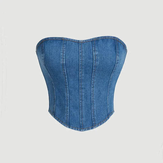 Denim Strapless Asymmetrical Hem Zip Up Sleeveless Crop Tube TopY2K