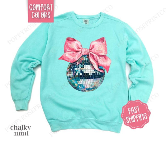 Disco Ball Bow Comfort Colors Sweatshirt, New Year's 2025 Women's Crewneck, NYE Women's Sweater