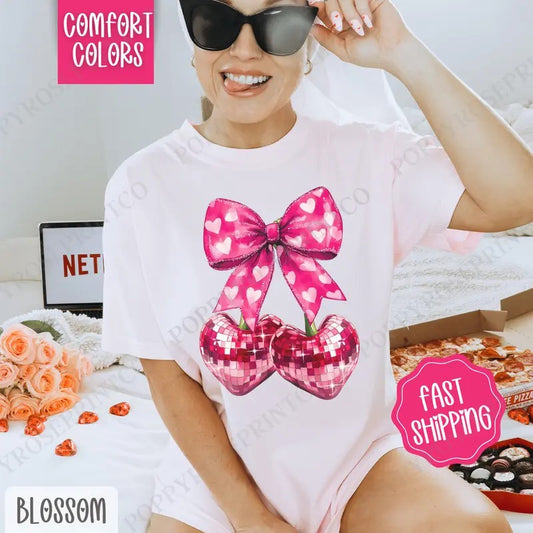 Disco Cherry Bow Shirt Comfort Colors, Valentine's Day Women's Tee, Holiday Women's Tshirt