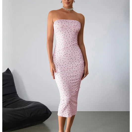 Ditsy Floral Bodycon Tube Dress Lettuce Trim Strapless Long Pencil Dresses