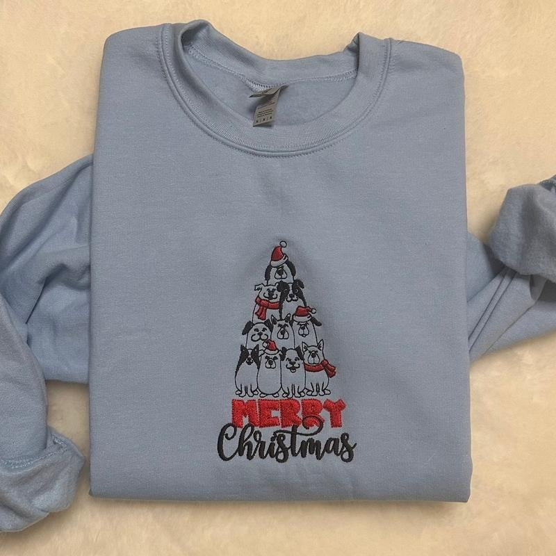 Dog Tree Merry Christmas Embroidered Crewneck Sweatshirt