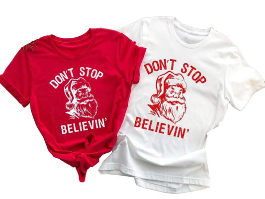 Don't Stop Believing Shirt, Vintage Christmas Shirt, Reteo Santa Shirt, Xmas Tee, Funny Shirt, Unisex Christmas T-Shirt, Gifts For Men Women, Short Sleeve Tee Shirt, Christmas Gift, Holiday Tee Shirt, Gifts For Secret Santa Christmas Classic Menswear