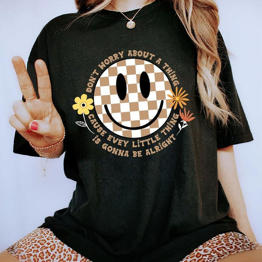 Don't Worry About Thing Shirt, Inspirational Shirt, Retro Checkered Smiling Face Graphic Printed T-shirt, Cotton Fabric Comfort Shirt, Gift For Her, Women's Tops Womenswear Cotton Fabric Relaxed Fit Chic Style