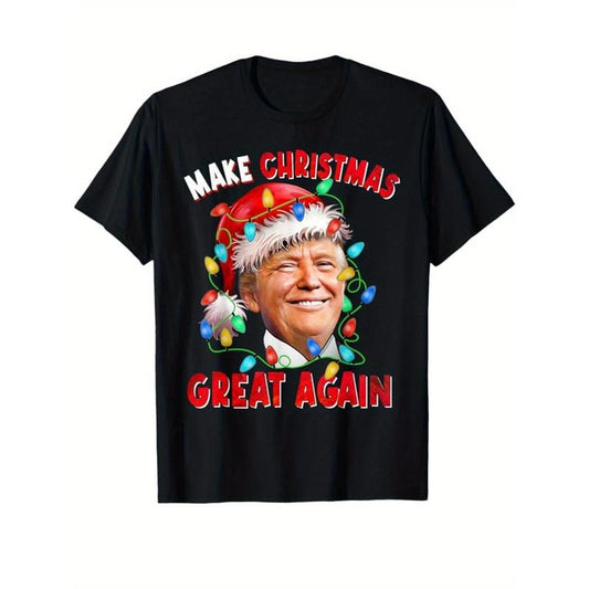 Donald Trump Christmas Print Men's Cotton Casual T-shirt, Short Sleeve Crew Neck Top, Men's Xmas Clothing made in usa