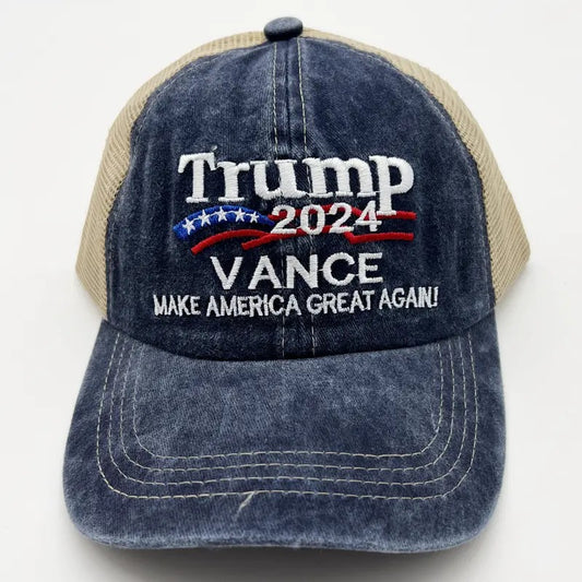 Donald Trump JD Vance 2024 Make America Great Again USA United States of America Embroidered Washed Trucker Baseball Cap Hat
