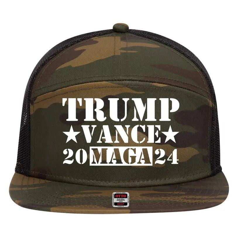 Donald Trump Jd Vance 2024 Maga Army Stamp 7 Panel Mesh Trucker Snapback Hat