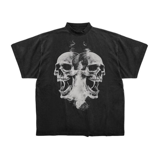 Double Skull Smoke Y2K Graphic T-Shirt - Gothic Oversized Tee - Spooky Horror Aesthetic Shirt - Dark Vintage Skull Tee