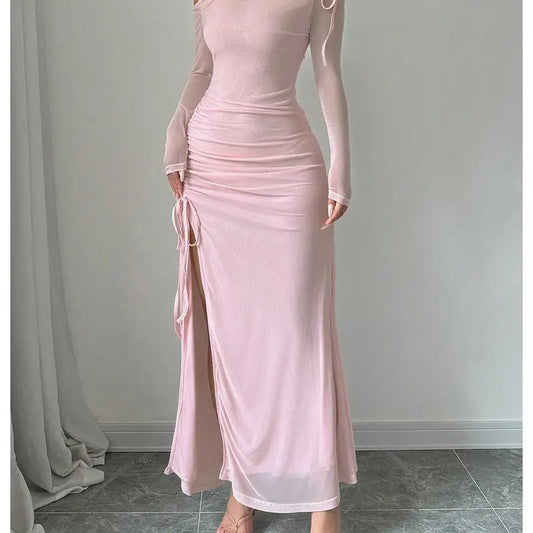 Drawstring Ruched Split Thigh Mesh Dress Asymmetrical Neck Maxi Dresses