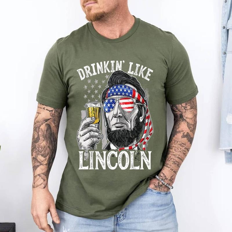 Drinking Like Lincoln 4th of July Men Abraham Merica Flag T-Shirt | Unisex Cotton Tee, Short Sleeve, Size S-3XL