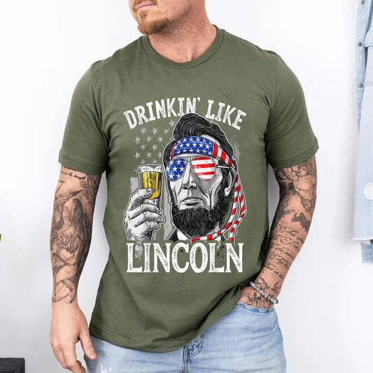Drinking Like Lincoln 4th of July Men Abraham Merica Flag T-Shirt | Unisex Cotton Tee, Short Sleeve, Size S-3XL