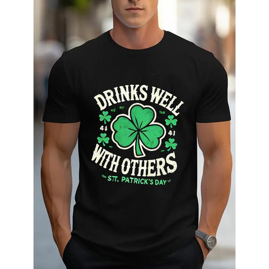 Drinks Well with Others" with Clover Print - Short Sleeve T - Shirt: Show A Festive St. Patrick'S Day Theme, Casual and Cheerful, Great for Holiday Celebrations, Casual Wear made in usa