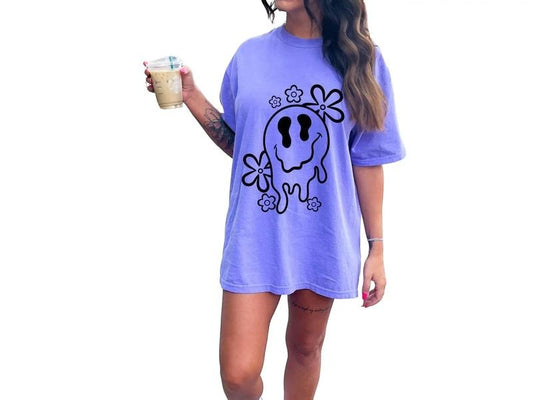 Drippy Smiley Sweatshirt, Floral Happy Face Shirt, Melting Smiley Face Birthday Gifts Ideas, Unisex T-Shirt, Short Sleeve Tee Shirt, Unique Gifts For Women, Gifts For Birthday