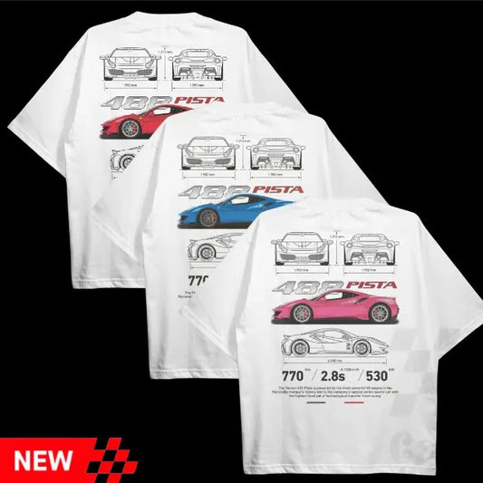 Drive in Style: Car-Themed T-Shirts, 488 Pista T-Shirt, 488 Pista Technical Specs T-Shirt, Racing Shirt, Sport Car Shirt Top Menswear Streetwear Cotton Polyester