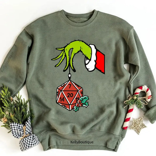 Dungeons and Dragons Christmas The Grin Hand Holding DnD Polyhedral Dice D20 Christmas Season Graphic Printed Unisex Classic Sweatshirt Hoodie