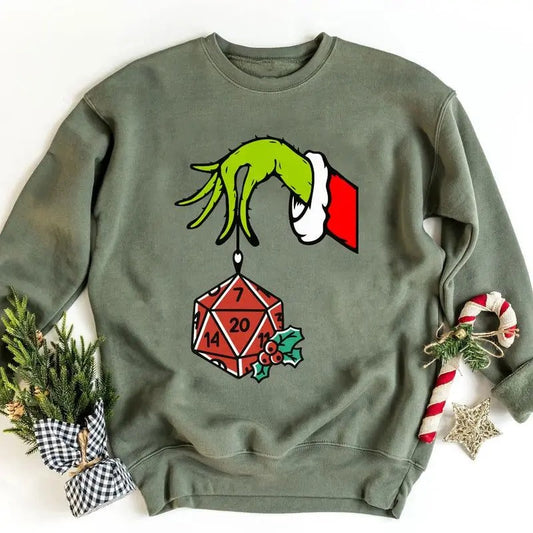 Dungeons and Dragons Christmas The Grin Hand Holding DnD Polyhedral Dice D20 Christmas Season Graphic Printed Unisex Classic Sweatshirt Hoodie, DnD Christmas Sweatshirt, DnD Merry Critmas Shirt