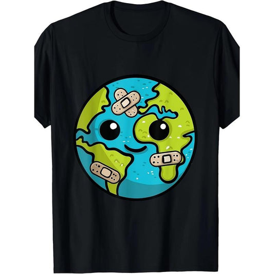 Earth Day Cartoon Graphic T-Shirt, 100% Cotton, Casual Crew Neck Tee, Regular Fit, Short Sleeve, with Geometric Pattern, for Adults, All-Season Pullover with Slight Stretch Made in USA