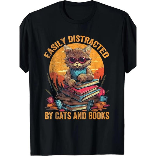 Easily distracted by cats and books Book lover T-shirt Made in USA