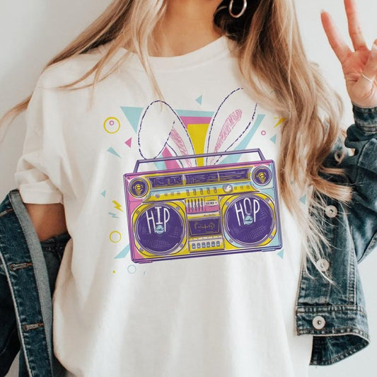 Easter 80's Hip Hop Graphic Tee Retro Boombox Easter Rabbit Ears Tshirt Vintage Easter Bunny Womens Tops Unisex Size Graphic Shirt