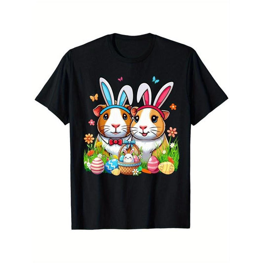 Easter Bunny Guinea Pig Graphic T-Shirt, 100% Cotton Crew Neck Tee, Casual Short Sleeve Knit Fabric Top with Heat Transfer Print, Regular Fit for Men & Women - Ideal for Valentine's Day, Halloween, Thanksgiving, Christmas Gifts,  made in usa