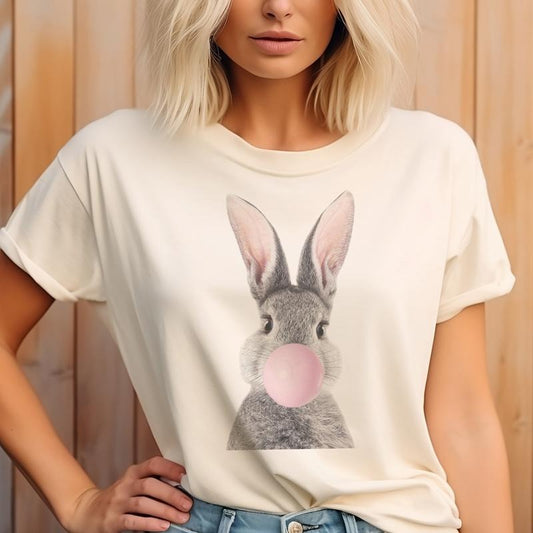 Easter Bunny Tshirt Pink Bubblegum Easter Tee Bunny T-Shirt Easter Holiday Rabbit Top Womens Easter Holiday T-Shirt Bubblegum Bunny Rabbit Tee Casual Cotton