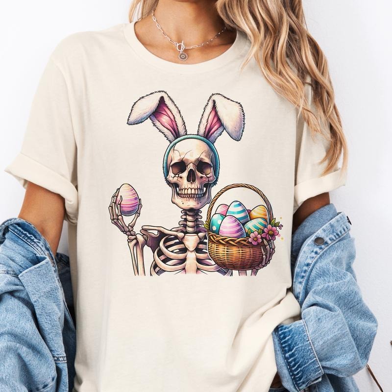 Easter Skeleton Bunny Ears Graphic Tees Rocker Skull Easter Rabbit Tshirt Womens Rocker Holiday Top Casual Easter Shirt