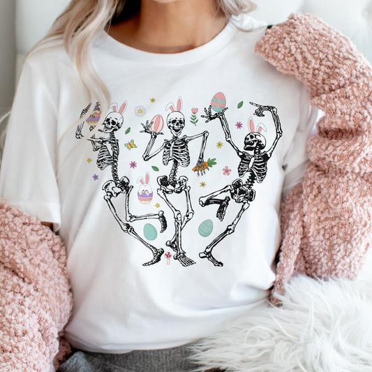Easter Skeleton Graphic Tee Dancing Skeleton Easter Bunny Ears Tshirt Easter Eggs Skull T-Shirts Unisex Womens Easter Shop