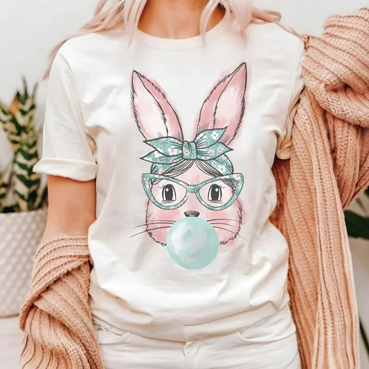 Easter Tshirt Bunny Tee Easter Bunny T-Shirt Bubblegum Bunny Tshirt Cute Easter Bubblegum Bunny Top Easter Holiday T-shirt Womens Easter Top Cotton Womenswear